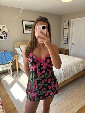 Victoria’s Secrwt Black Cherry Print Lace-Trim Slip Dress